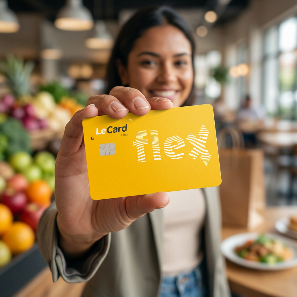 Colaboradora segurando o cartão LeCard Flex