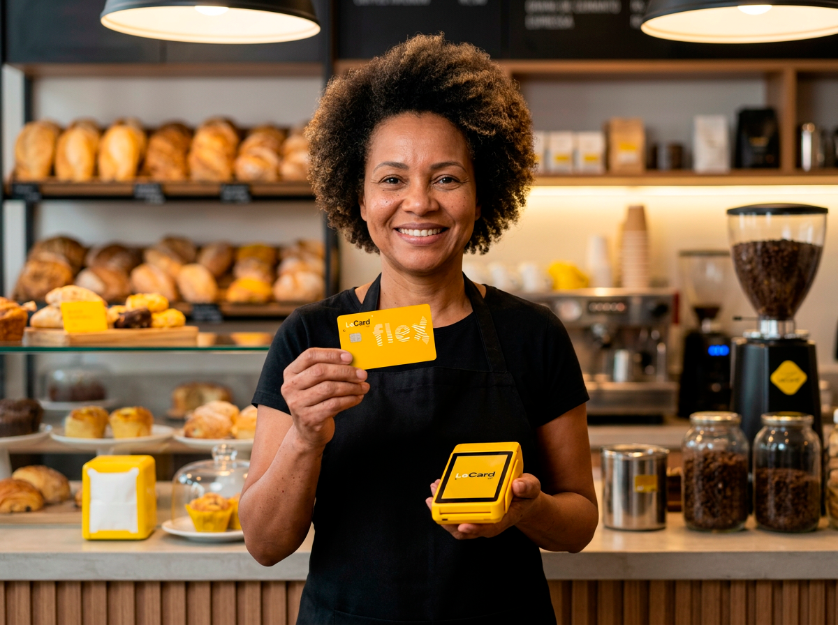 Comerciante em loja segurando o cartão LeCard flex