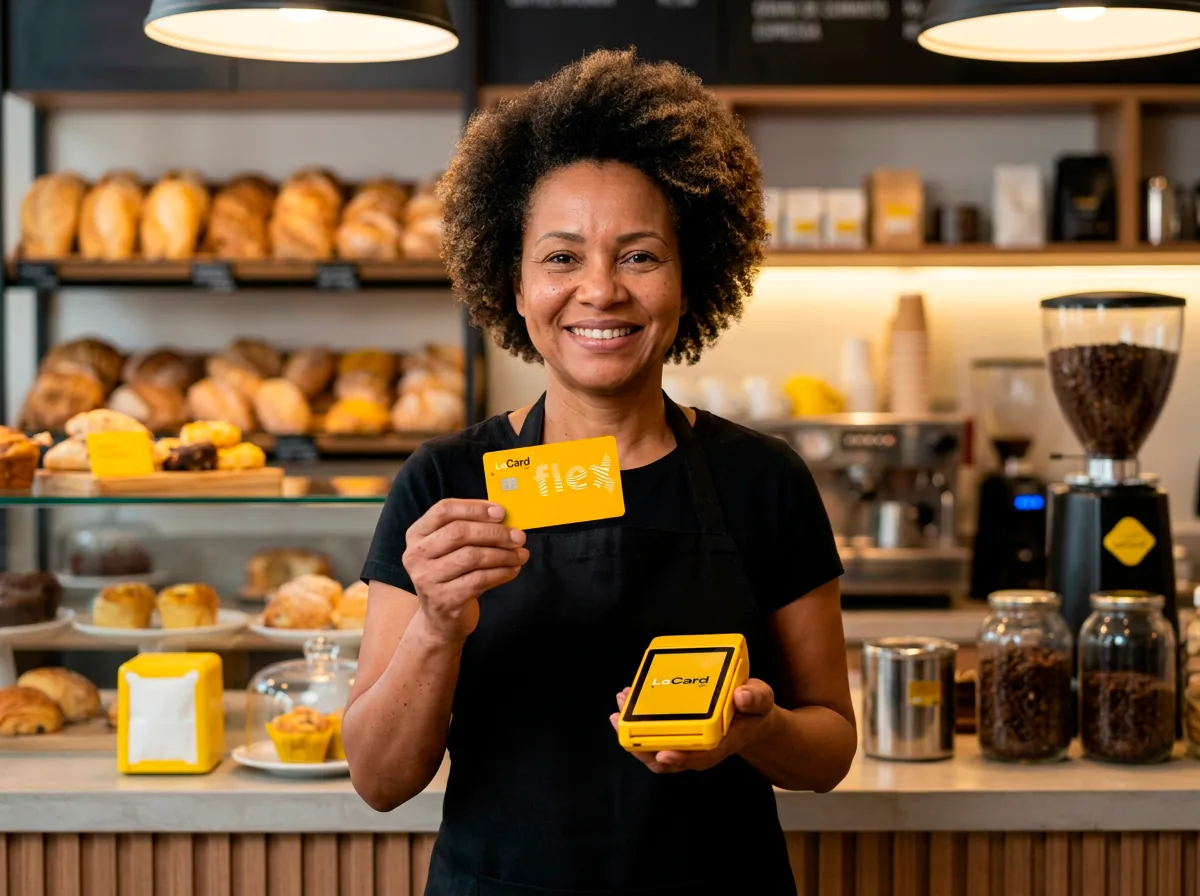 Comerciante em loja segurando o cartão LeCard flex