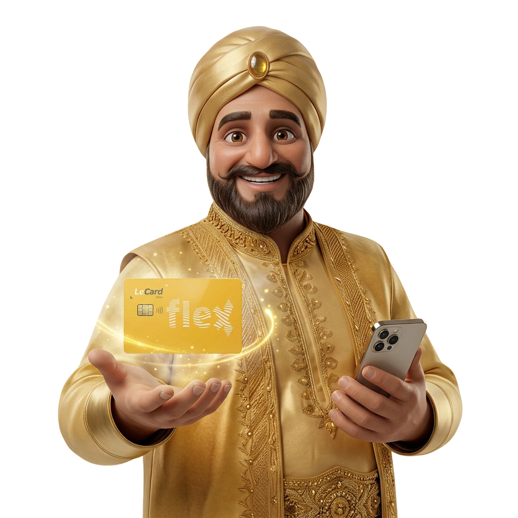 Personagem LeCard segurando o cartão flex e o celular