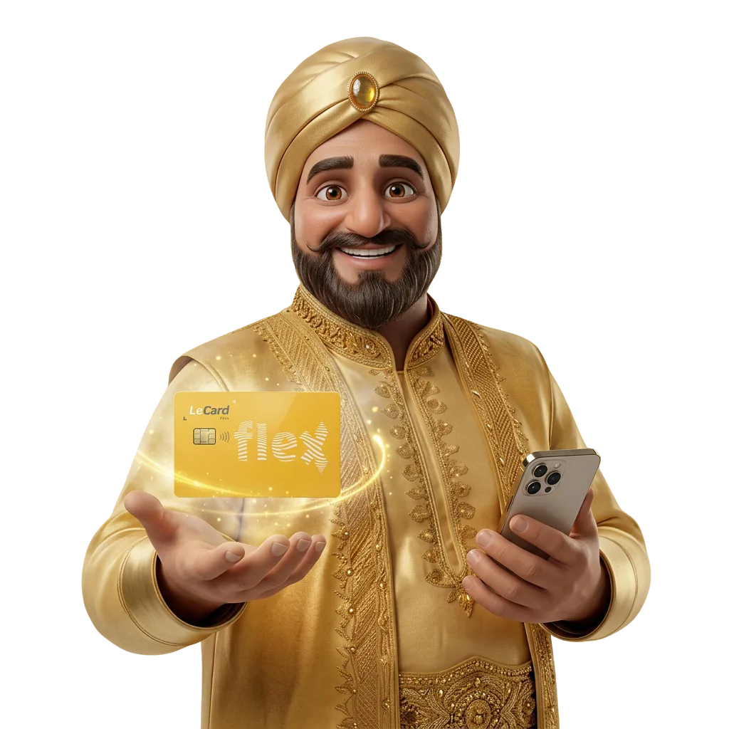 Personagem LeCard segurando o cartão flex e o celular
