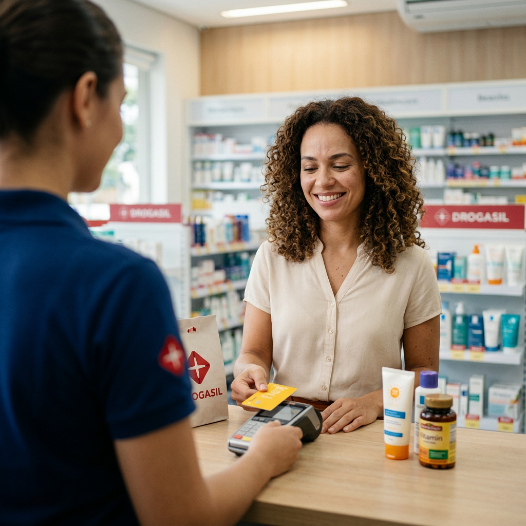 Cliente pagando com LeCard em uma farmácia