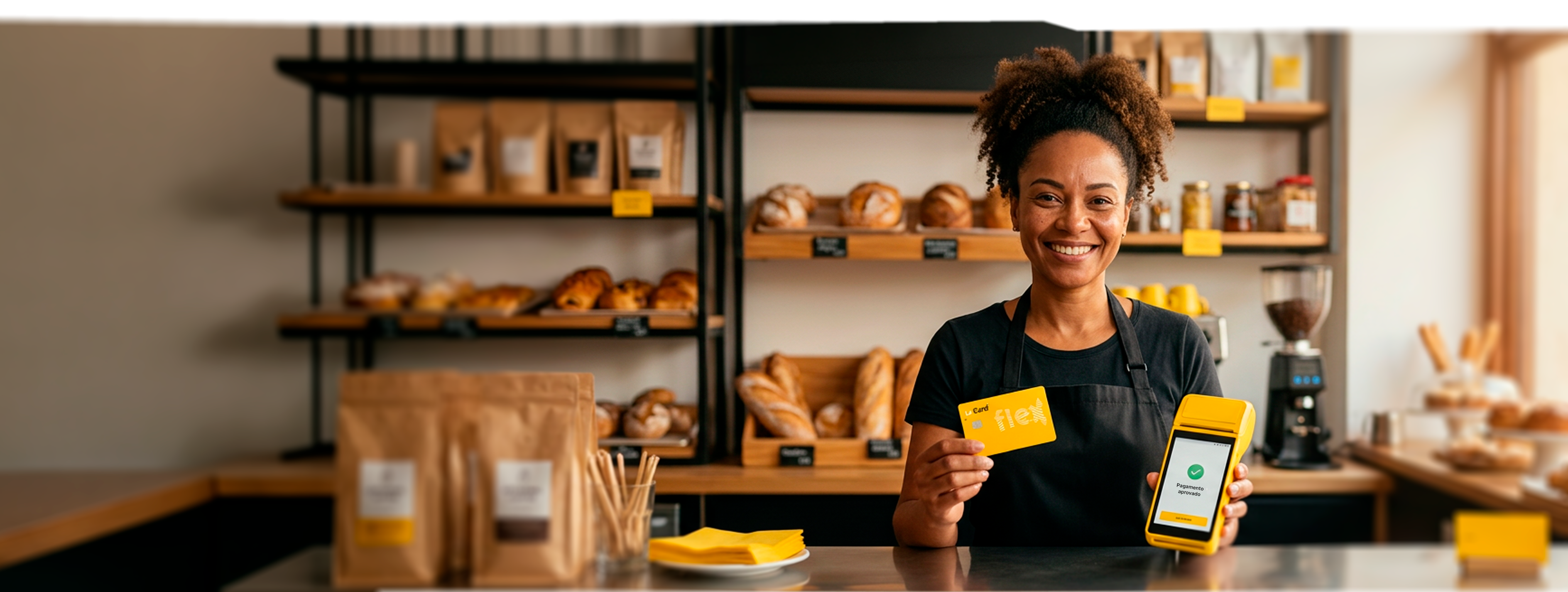 Comerciante sorrindo segurando o cartão LeCard e a maquininha