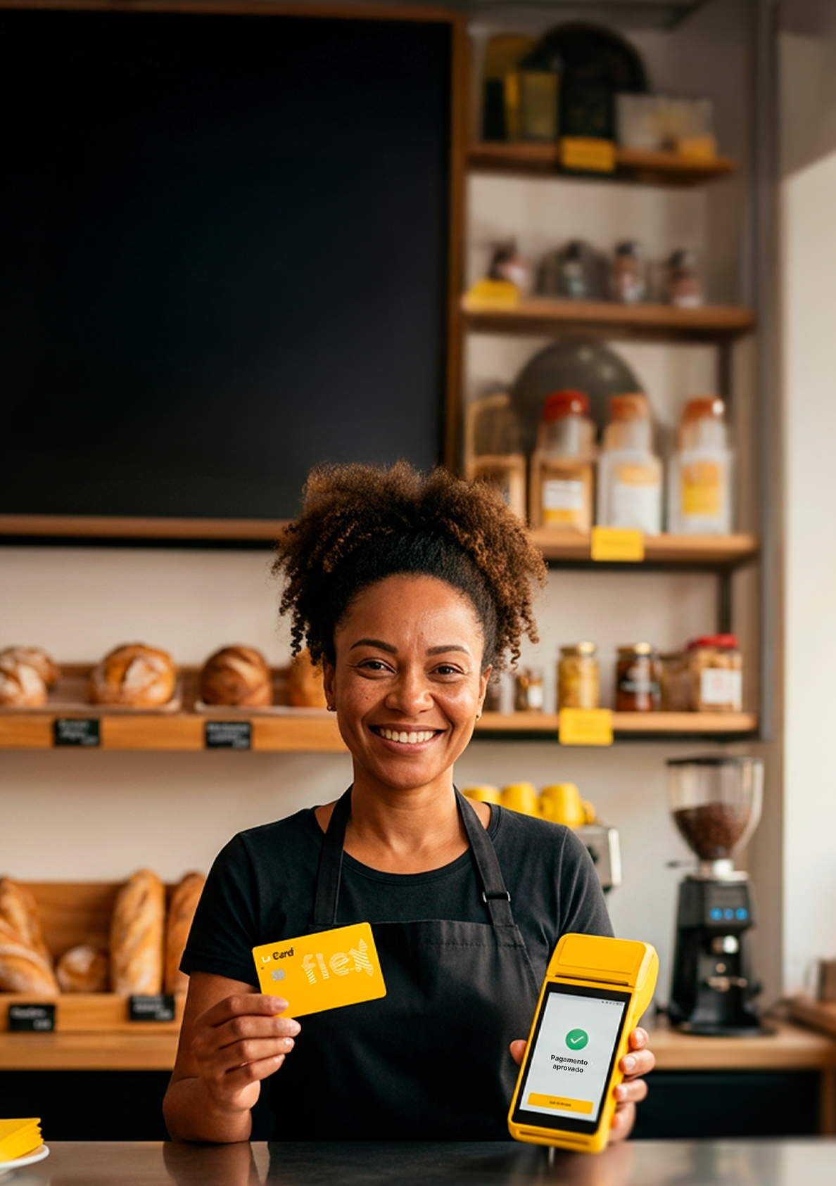 Comerciante sorrindo segurando o cartão LeCard e a maquininha